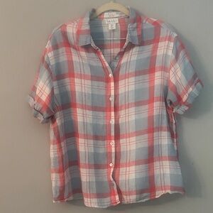 Nicole Miller Red and Blue Plaid Linen Button Down Shirt